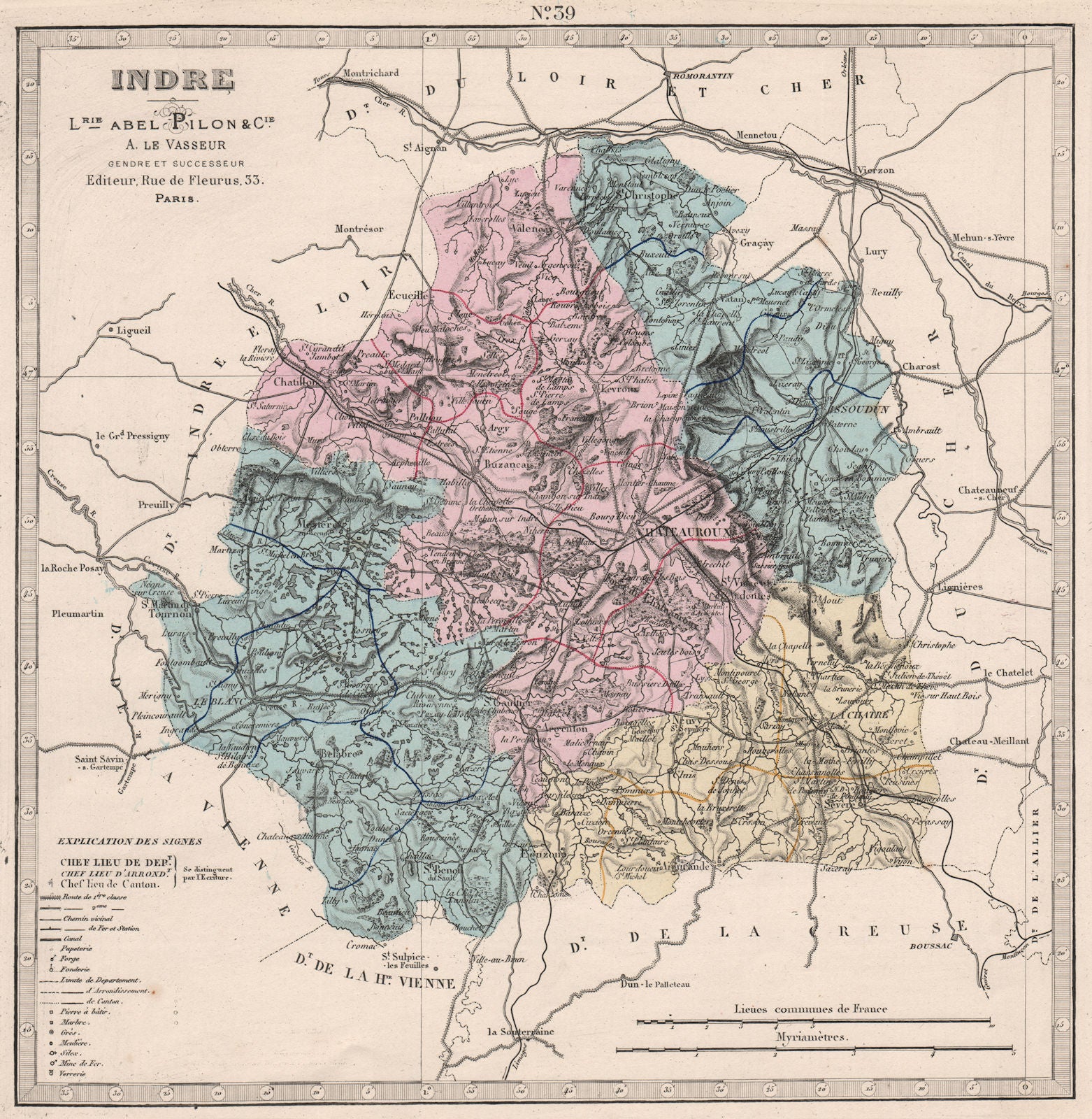 INDRE department showing resources & minerals. LE VASSEUR 1876 old antique map